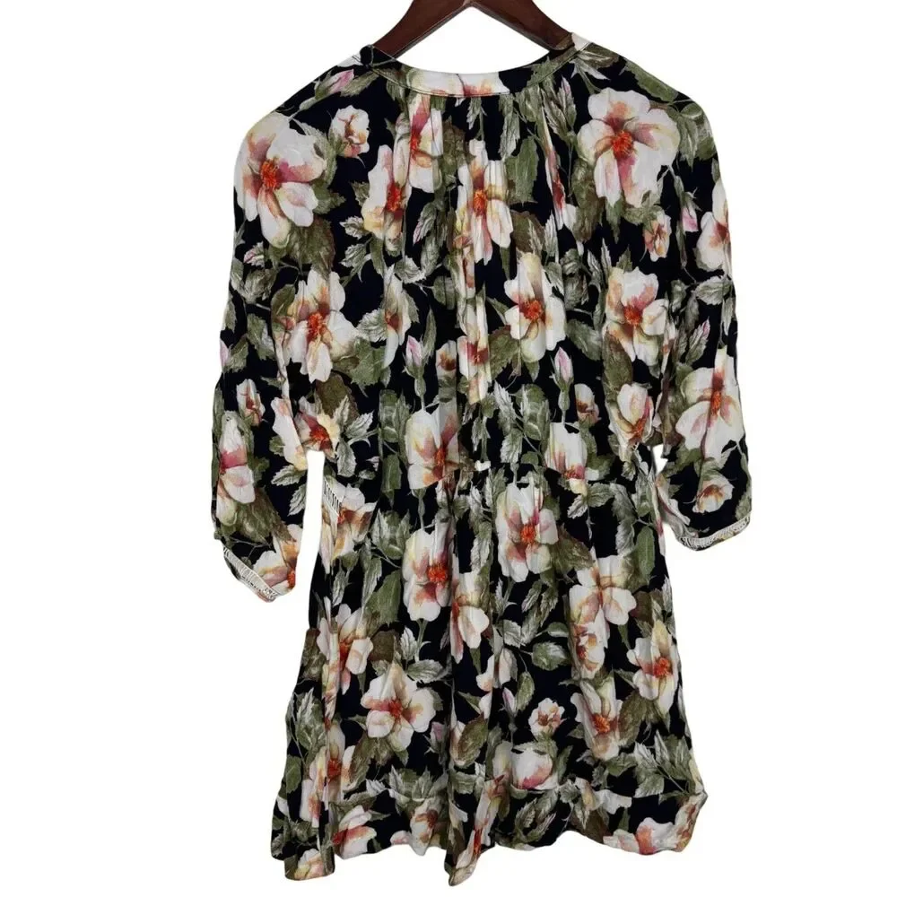 Umgee Apple Blossom Green Floral Tunic Mini Dress Women's Medium